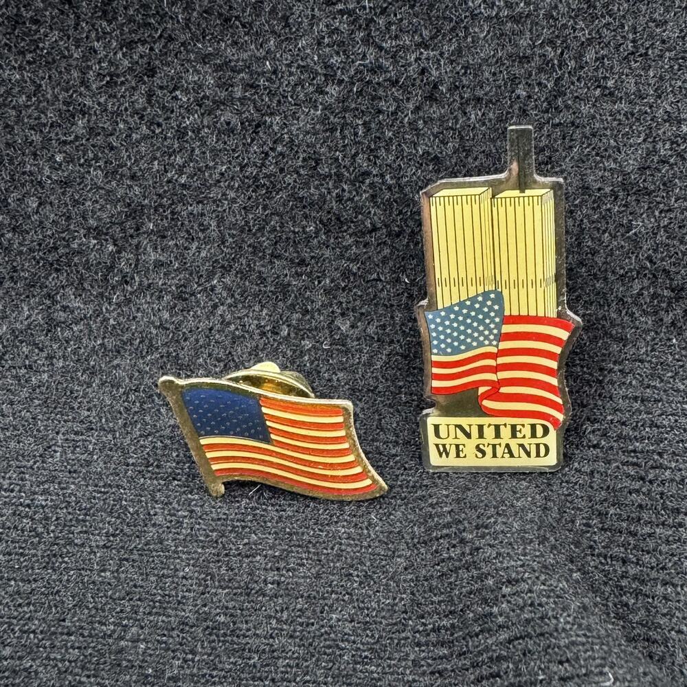 Lot of 2 Patriotic United We Stand Twin Towers & American Flag Label Pins